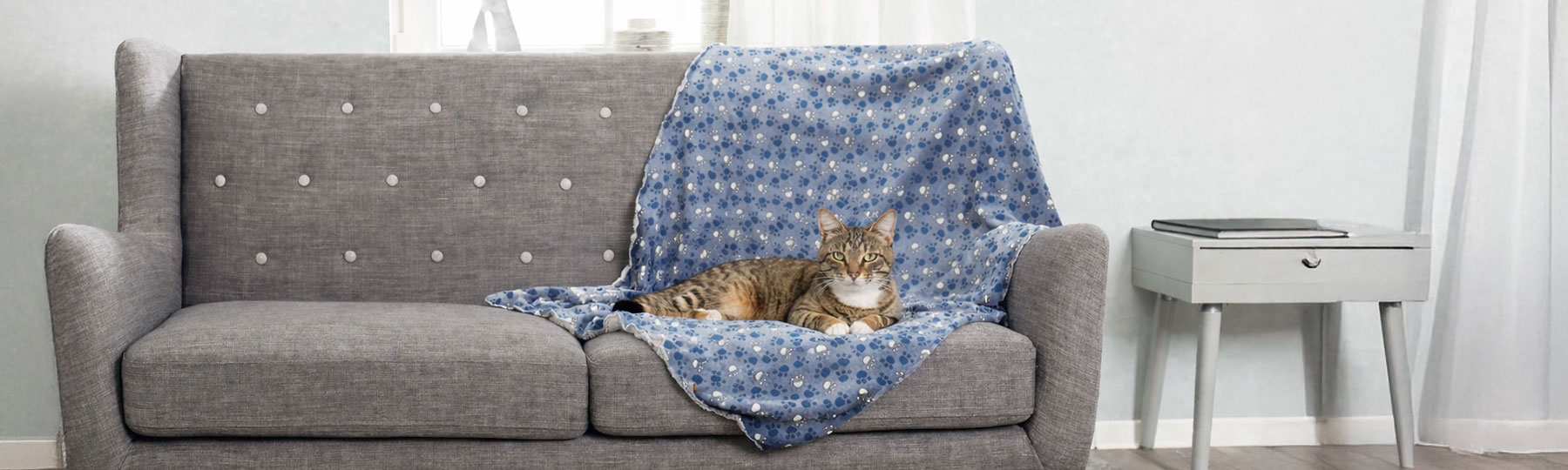 En katt ligger p&aring; en bl&aring; m&ouml;nstrad filt som t&auml;cker ena delen av en gr&aring; soffa