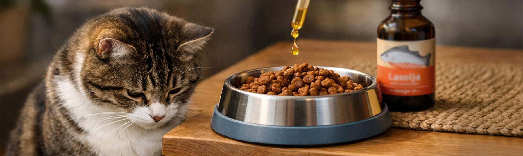 En katt bredvid en sk&aring;l med kattmat som f&aring;r extra kosttillskott av flytande laxolja.