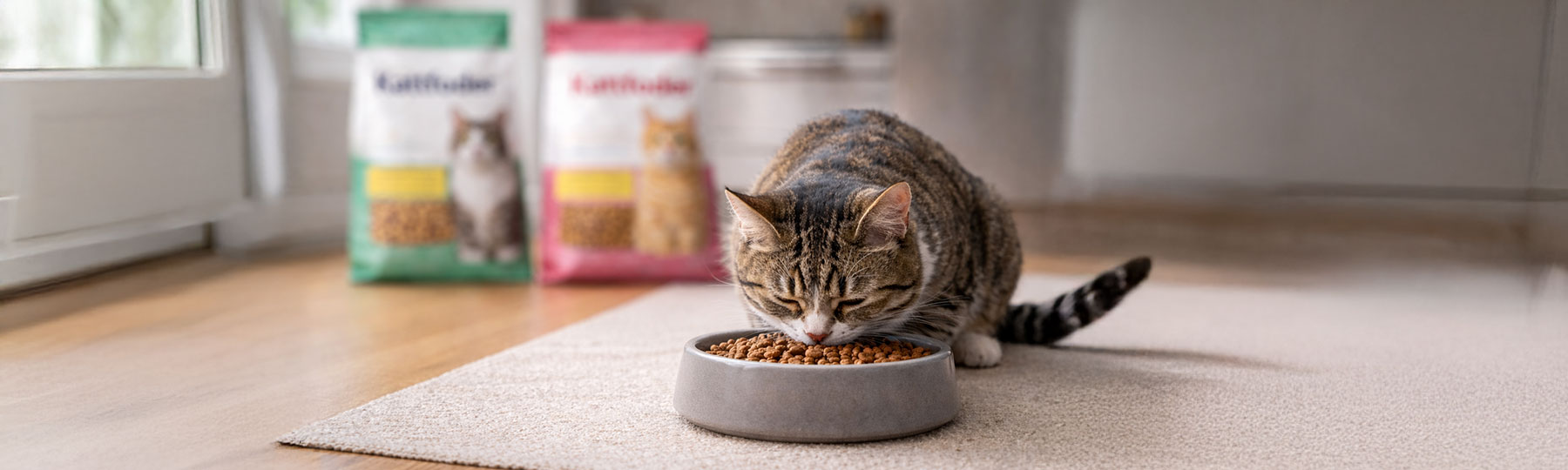En randig katt &auml;ter torrfoder ur en stilren gr&aring; matsk&aring;l i en ljus inomhusmilj&ouml;, med kattmat i bakgrunden