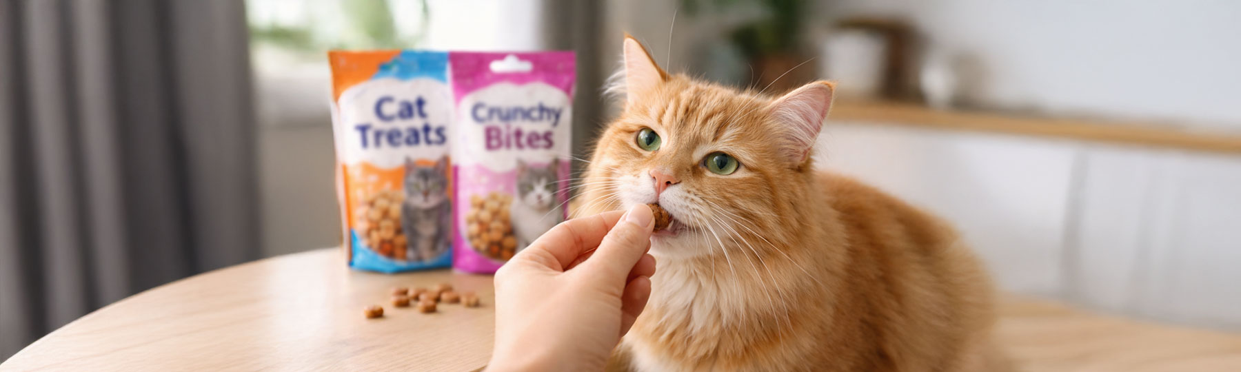 En orange katt &auml;ter kattgodis ur en hand, med f&ouml;rpackningar av kattgodis i bakgrunden.