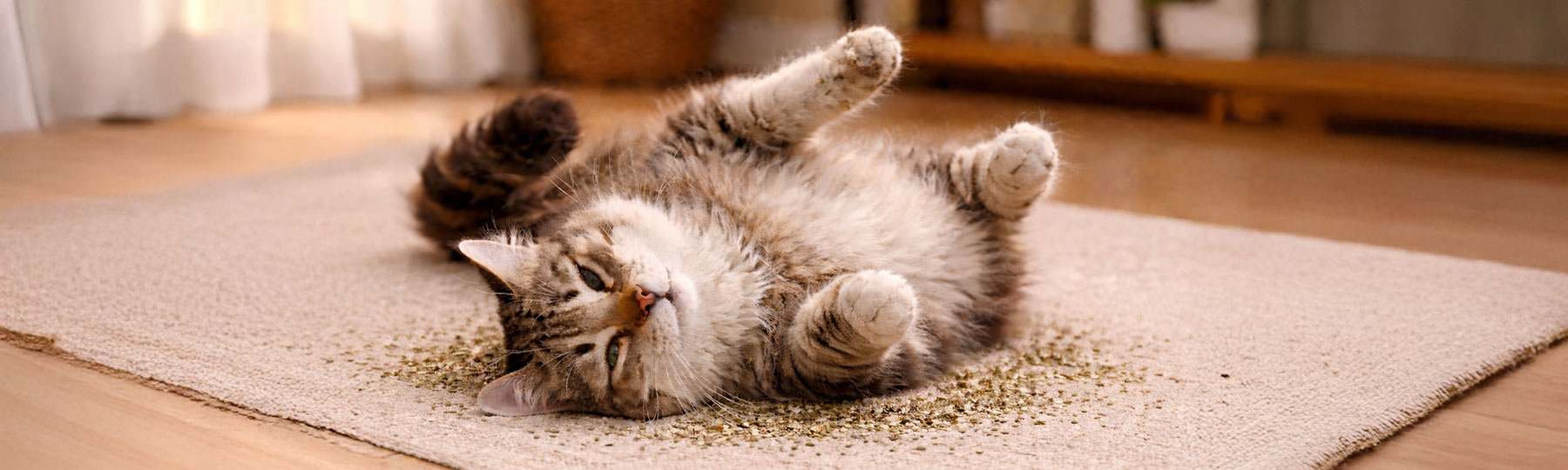 En l&aring;ngh&aring;rig katt ligger avslappnat p&aring; rygg p&aring; en matta med utspridd kattmynta runt sig i hemmet.