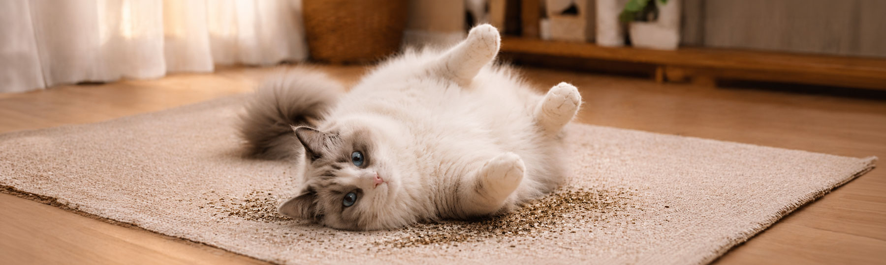 Kattmynta för lek och välbefinnande En långhårig katt ligger avslappnat på rygg på en matta med utspridd kattmynta runt sig i hemmet.
