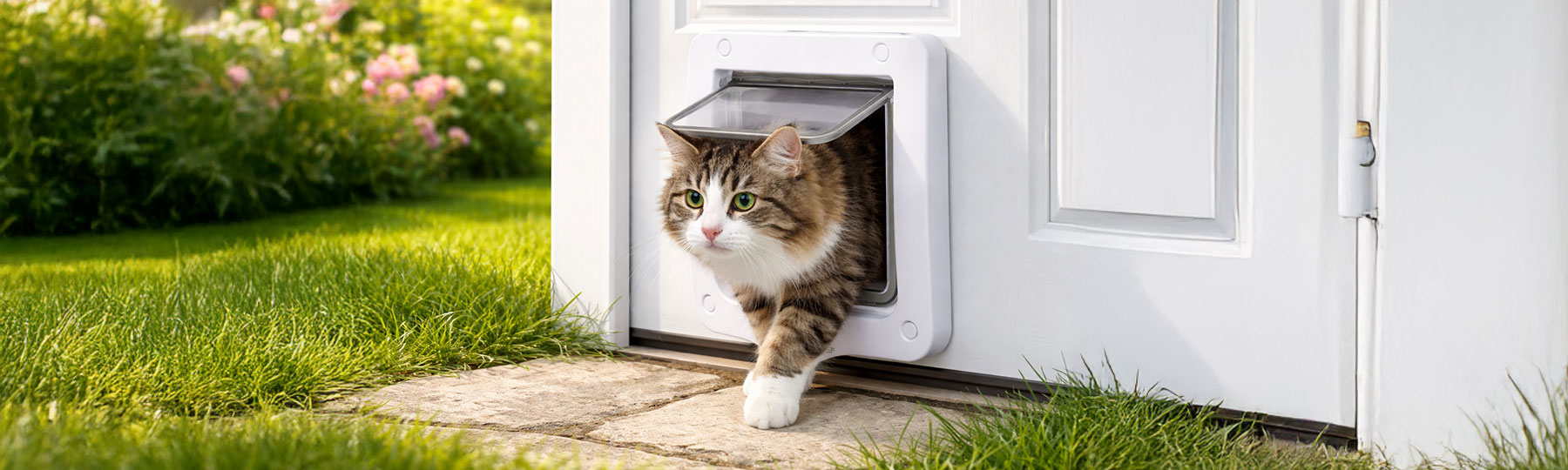 En l&aring;ngh&aring;rig katt g&aring;r genom en vit kattlucka i en d&ouml;rr ut mot en gr&ouml;n tr&auml;dg&aring;rd