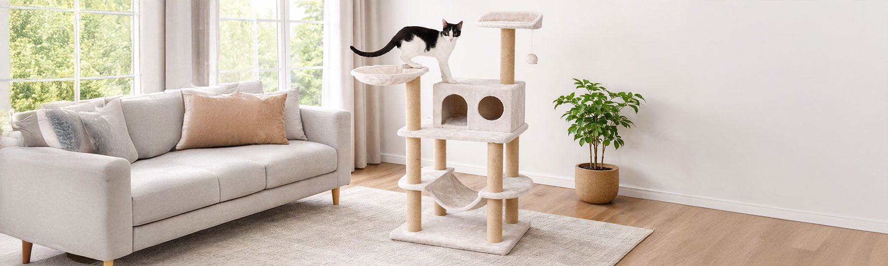 En svartvit katt st&aring;r p&aring; ett ljust kl&ouml;str&auml;d med flera niv&aring;er, h&auml;ngmatta och krypin i ett ljust vardagsrum.