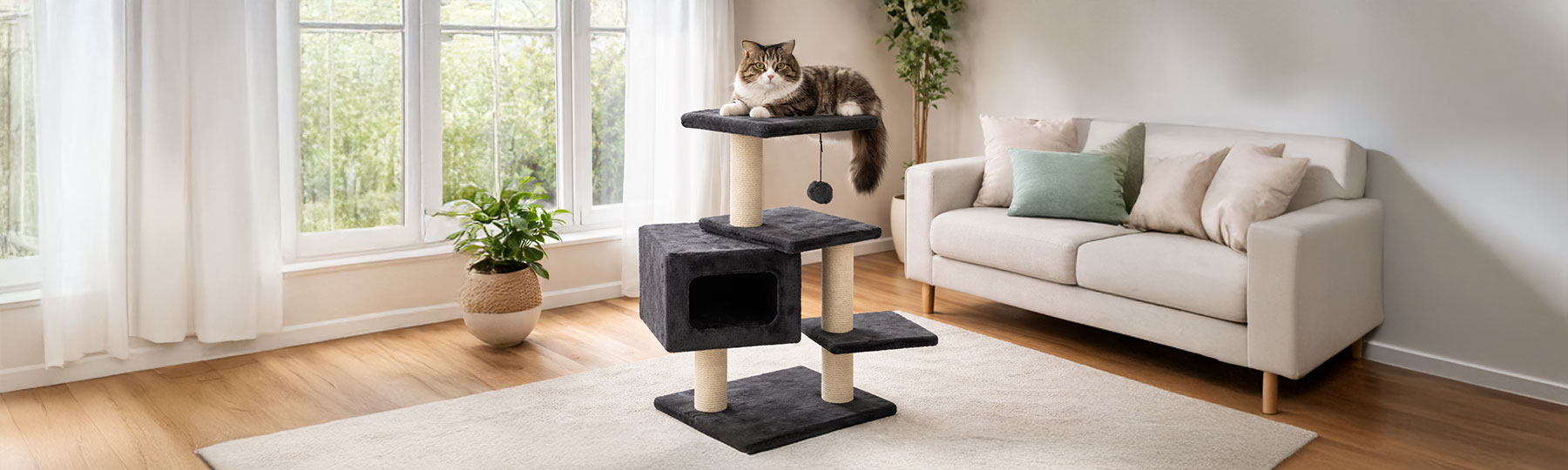 En katt ligger h&ouml;gst upp p&aring; en m&ouml;rk kl&ouml;sm&ouml;bel med flera niv&aring;er och krypin i ett ljust vardagsrum