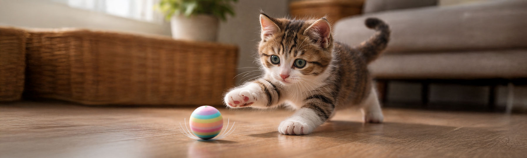 En liten randig kattunge str&auml;cker tassen mot en f&auml;rgglad boll p&aring; golvet i ett mysigt vardagsrum.