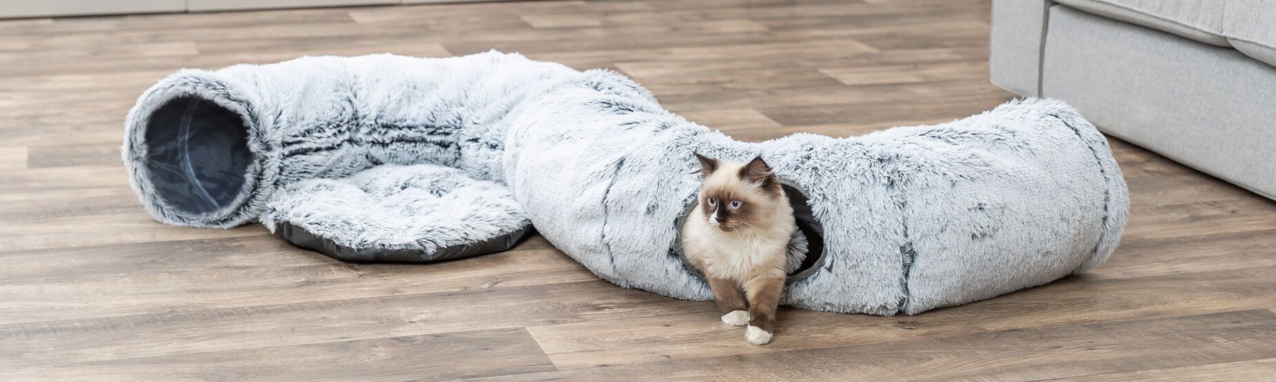 En l&aring;ngh&aring;rig katt tittar ut ur en ljusgr&aring;, mjuk lektunnel som ligger p&aring; ett tr&auml;golv inomhus.