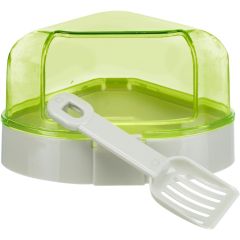 Hörntoalett Comfy S. Toalett med tak och spade.