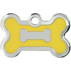 Gul och silverfärgad bricka dekorerad med hundben. Namnbricka med valfri gravering. 