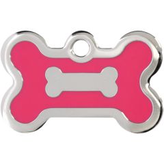 Neonrosa och silverfärgad bricka dekorerad med hundben. Namnbricka med valfri gravering. Perfekt ID-tag för alla hundar.
