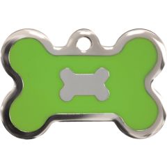 Neongrön och silverfärgad bricka dekorerad med hundben. Namnbricka med valfri gravering. 