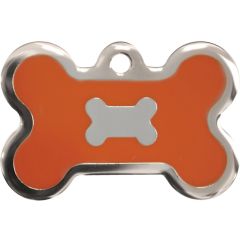 Neonorange och silverfärgad bricka dekorerad med hundben. Namnbricka med valfri gravering. Perfekt ID-tag för alla husdjur.