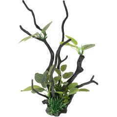 Ozami. Dekoration Drivved Planta 35cm. Akvariedekoration med gröna blad och mörka grenar i olika längder.