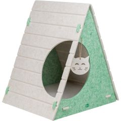 Trixie. Grotta Lucy Filt Grön/Sand. Triangulär grotta med hängande leksak. 