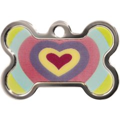 ID-bricka som skiftar färg när den vickar. Silver och multifärgad hundben dekorerad med hjärta. Namnbricka med valfri gravering. 